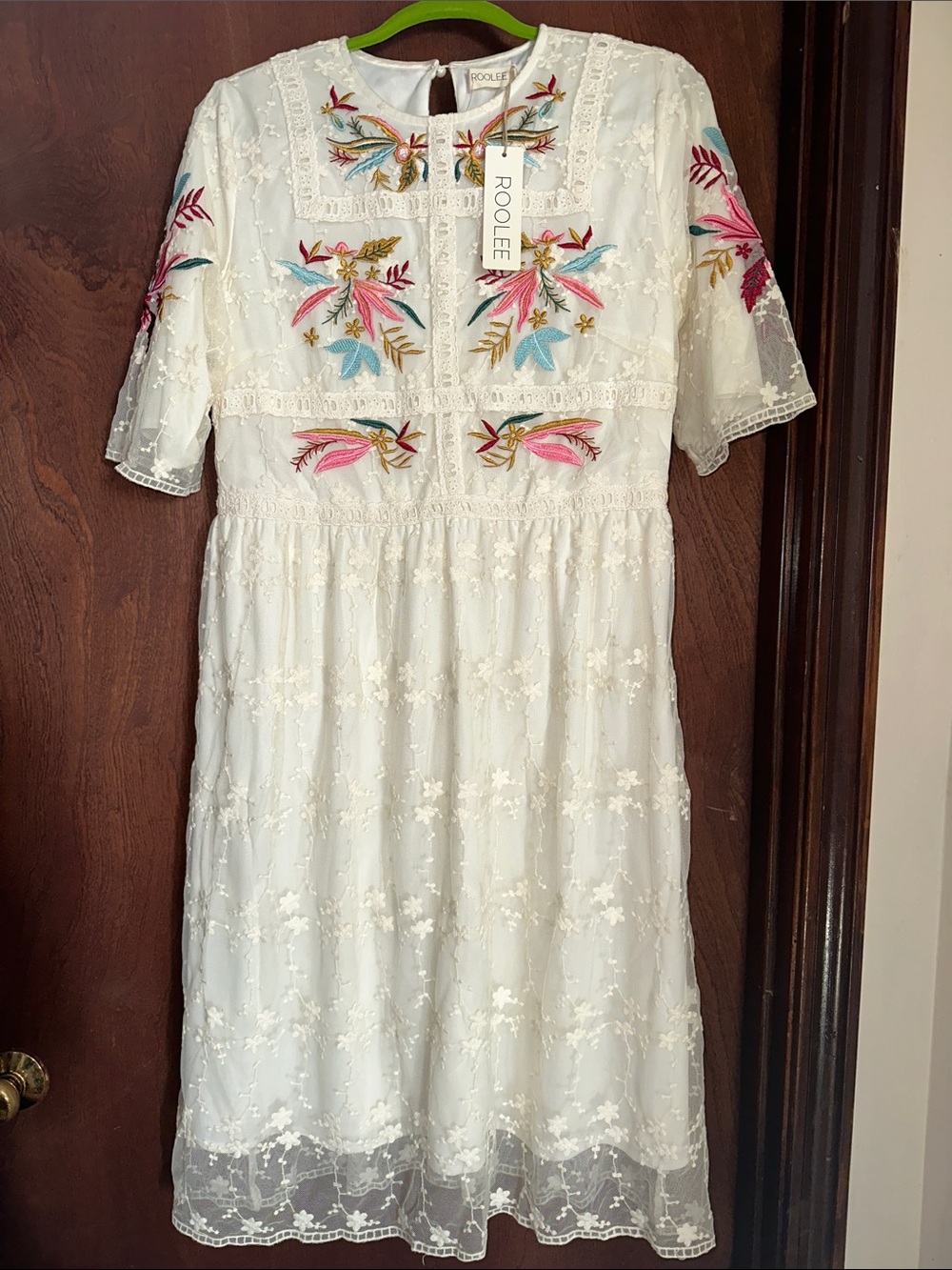 Roolee White Midi Dress with Pink, Blue & Gold Floral Embroidery p2p 19x L42